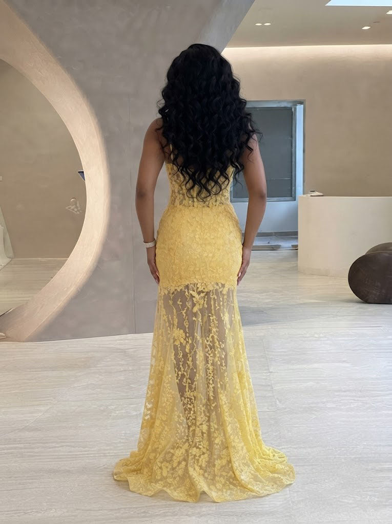 Stunning Yellow Floral Lace Sleeveless V-Neck Sheath High-Slit Prom Dress ,OLP2376