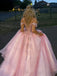 Fancy Pink Layered Tulle Prom Ball Gown Sequin Bodice Off Shoulder Formal Dress,OLP1860