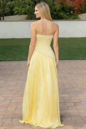 Sparkly Yellow Corset Prom Dress Strapless Beaded Bodice Flowy A-Line Gown,OLP2114