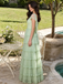 Fancy Sage Green Tulle Square Neck Flutter Sleeve Long Prom Dress with Lace Applique,OLP2365