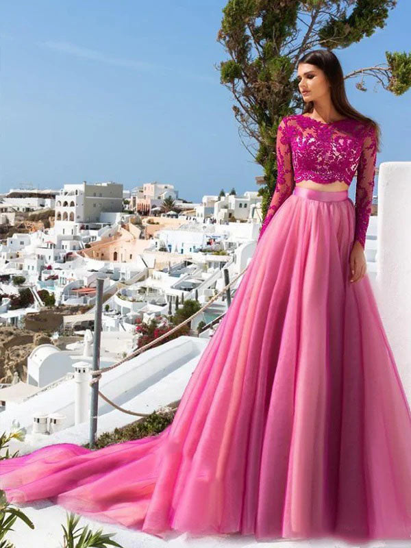 Rose Red Two Pieces Lace Top Long Sleeves Organza A-line Long Evening Prom Dress,OLP1727