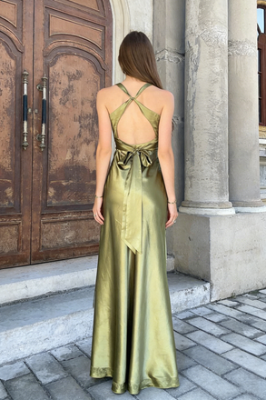 Chic Olive Green Satin V-Neck Ruched Long Prom Dress with Back Details,OLP2183