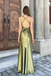 Chic Olive Green Satin V-Neck Ruched Long Prom Dress with Back Details,OLP2183