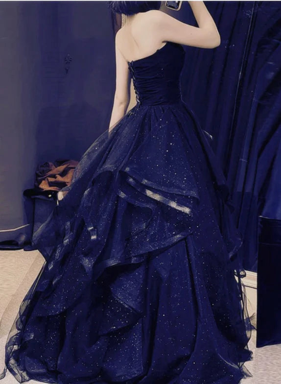 Elegant Navy Blue Sweetheart A-Line Long Prom Dress Ideas, Evening Party Dresses, OLP1560