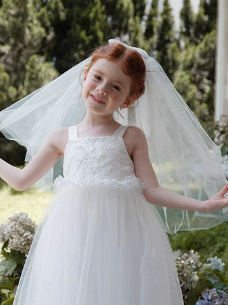 White Bow Flower Girl Veil – Soft Tulle Kids Wedding Headpiece
