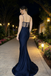 Sexy Navy Blue Satin Mermaid Prom Gown Glitter Bodice Side Cutout,OLP1935