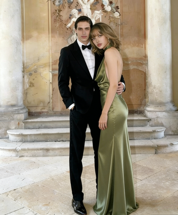 Classy Halter Sage Green Silk Satin Prom Gown Cowl Neck Backless Dress,OLP2142
