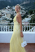 Unique Yellow Beaded Fringe Prom Dress Deep V-Neck Halter Backless Style,OLP2066