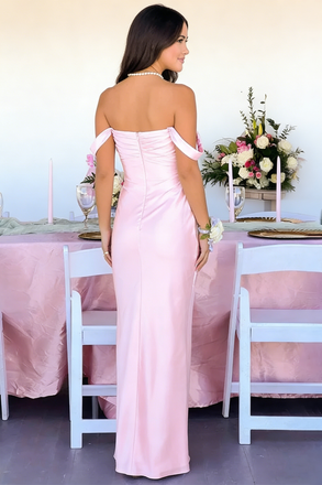 Classy Off-the-Shoulder Pink Satin Mermaid Prom Dresses, Evening Party Dresses,OLP1712