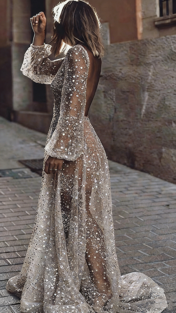 Fancy Silver Sheer Prom Dress V-Neck Long Bishop Sleeve Sequin A-Line Gowns,OLP1767