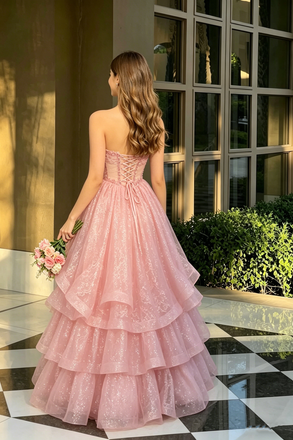 Beautiful Pink Sequin Tiered Ball Gown Strapless Tulle Princess Prom Dress,OLP2229