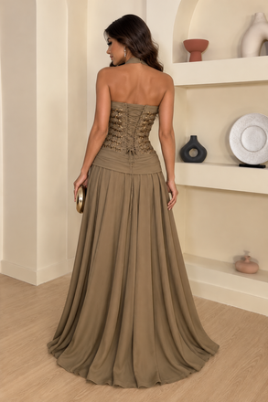 Classy Taupe Brown Halter Woven Corset A-Line Prom Dress,OLP2492