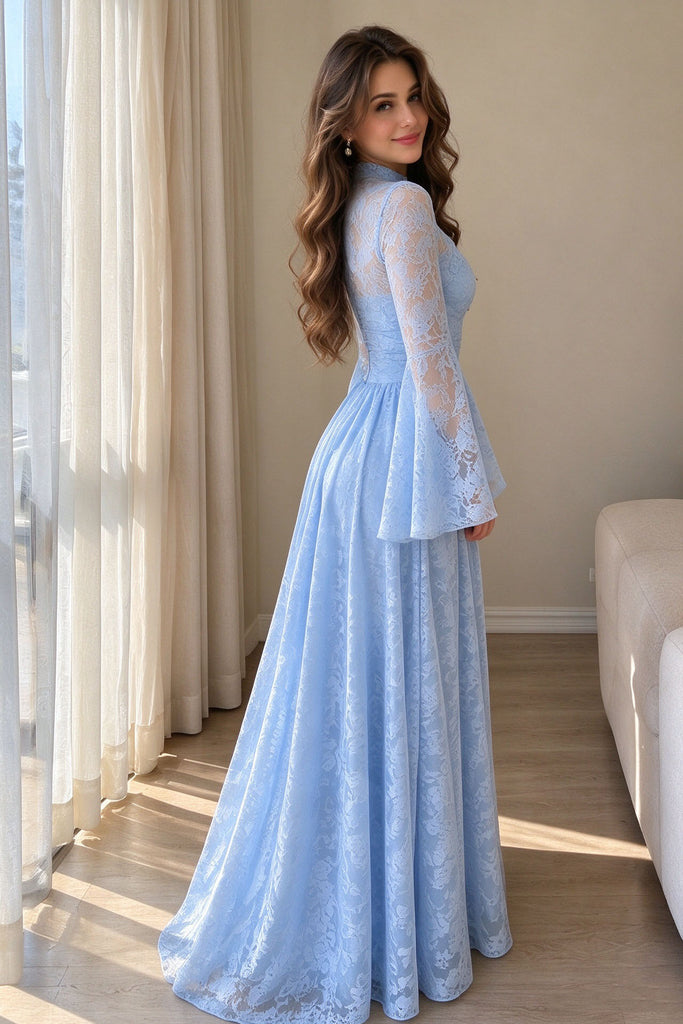 Pretty Light Blue Floral Lace Prom Dress Beautiful Bell Sleeve A-Line Long Formal Party Gown,OLP2443