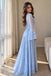 Pretty Light Blue Floral Lace Prom Dress Beautiful Bell Sleeve A-Line Long Formal Party Gown,OLP2443