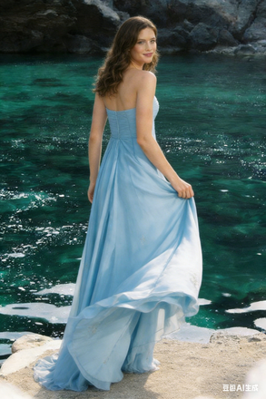 Flowy Light Blue Chiffon Prom Gown Elegant Strapless Sweetheart Formal Dress,OLP1908