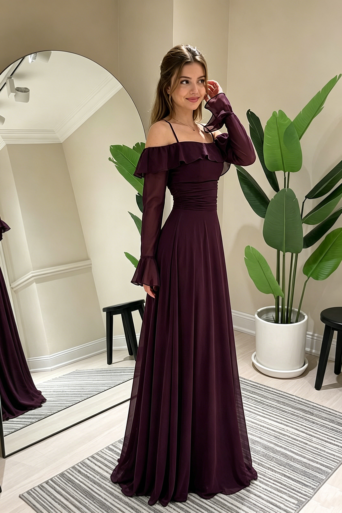 Beautiful Dark Purple Chiffon Prom Dress Off Shoulder Ruffle Sleeve Long,OLP2323
