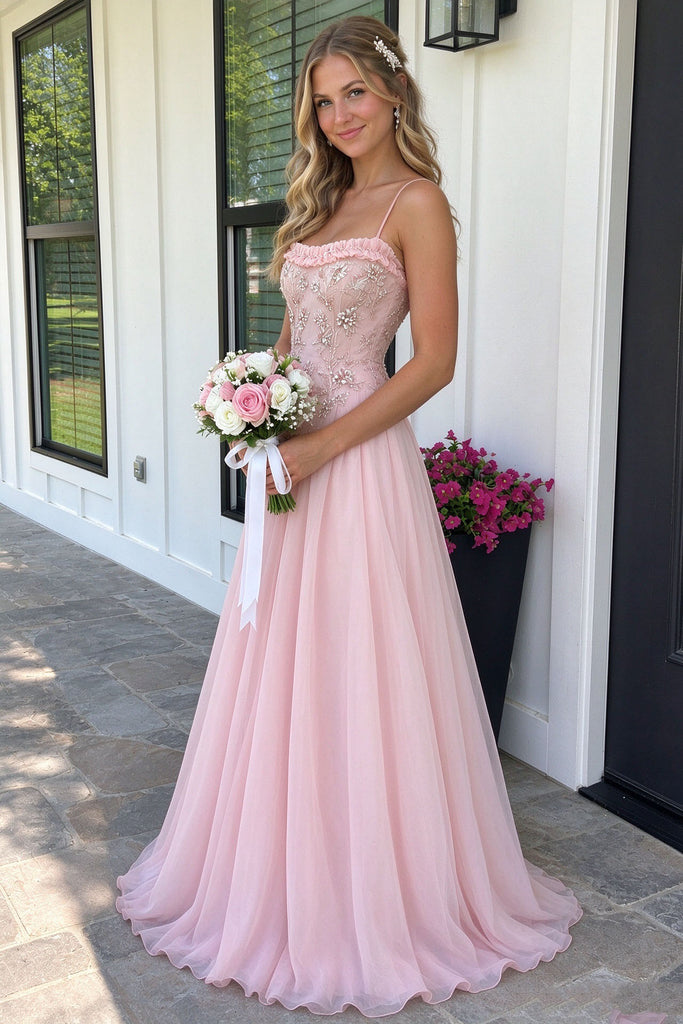 Pretty Pink Embroidered Spaghetti Strap Chiffon Prom Dress,OLP2451