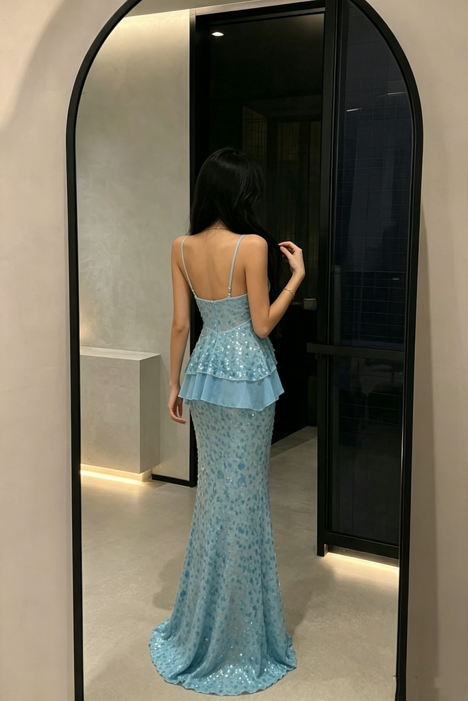 Classy Light Blue Sequin Mermaid Sleeveless Prom Dress,OLP2391