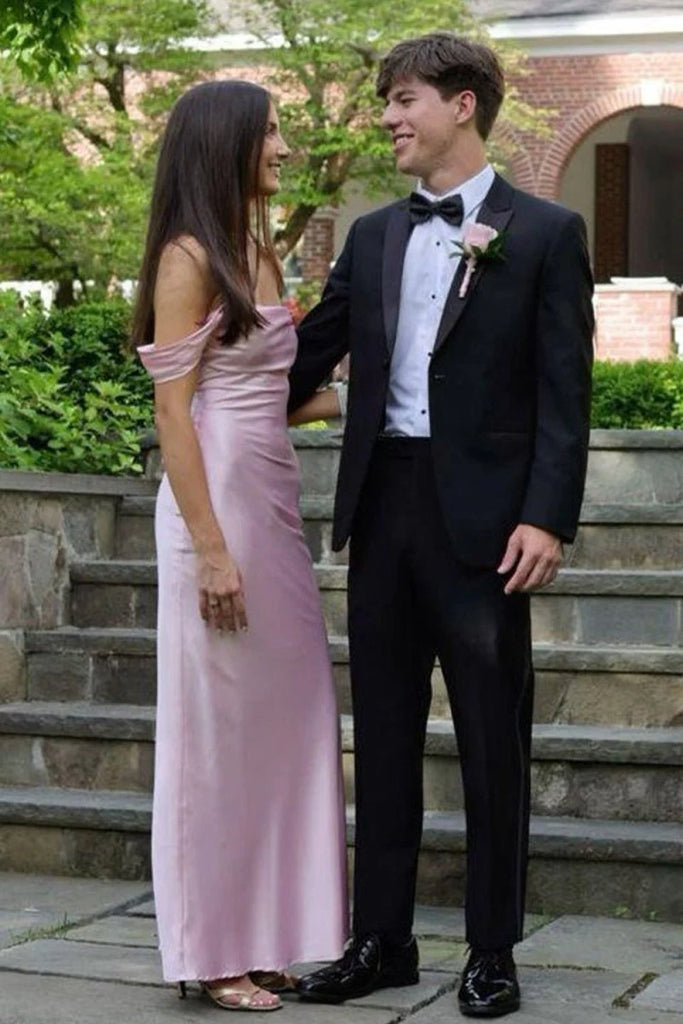 Classy Off-the-Shoulder Pink Satin Mermaid Prom Dresses, Evening Party Dresses,OLP1712