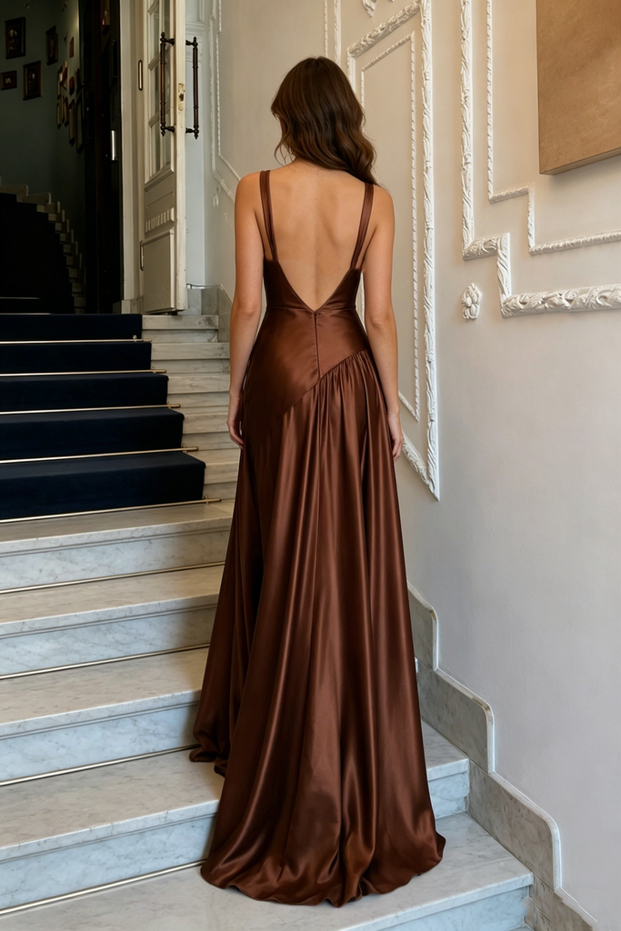 Classy Chocolate Satin Prom Dress Square Neck Sleeveless A Line High Slit Gown,OLP2260