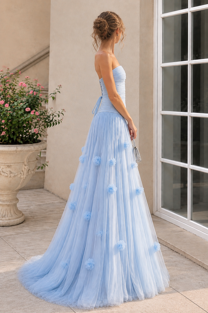 Modern Sky Blue Strapless 3D Floral Tulle Long Prom Dress,OLP2483
