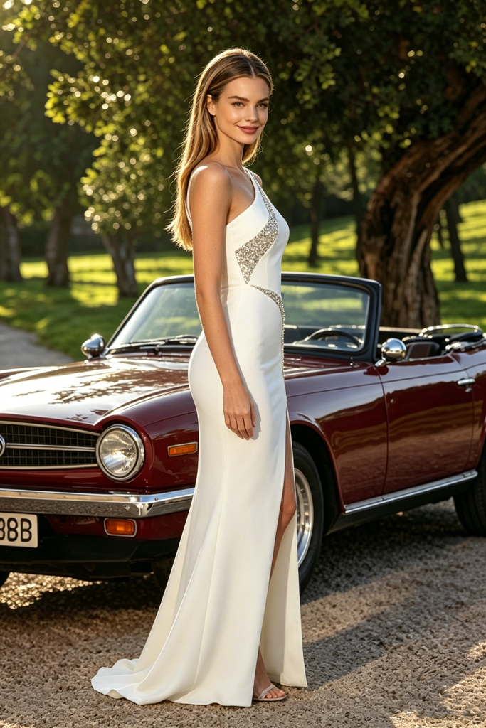 Unique Ivory One Shoulder Prom Dress Sequin Trim High Slit Fitted Crepe Gown,OLP2250