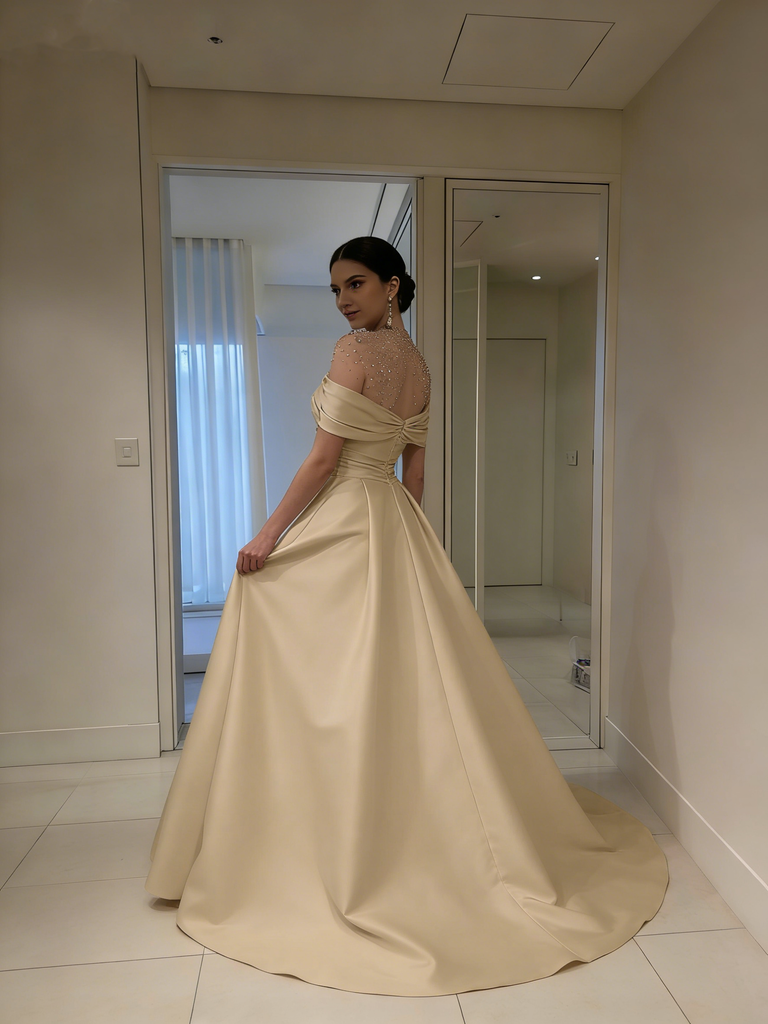 Elegant Champagne Gold Satin Prom Dress with Ruched Bodice,OLP2104