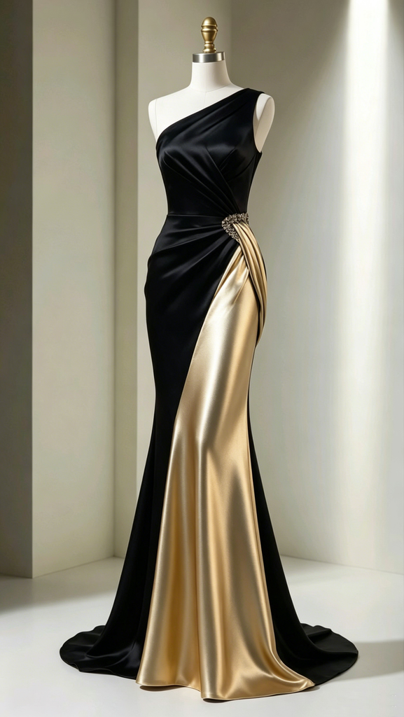 Modern Black Gold Two Tone Satin Prom Dress Elegant Floor Length Formal Gown,OLP2329