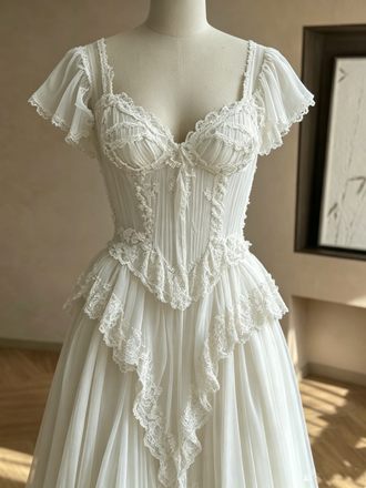 Classy Vintage Ivory Inspired Lace Prom Dress Pretty Flutter Sleeve Corset Gown,OLP2288