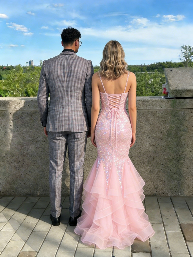 Sexy Pink Sequin Mermaid Prom Dress with Ruffled Tulle Bottom and V-Neck Sparkly Gown,OLP1754