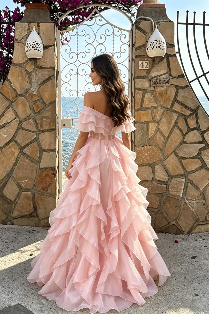 Modern Pink Off-the-Shoulder Ruffled Floor-Length Prom Dress with Corset,OLP2209