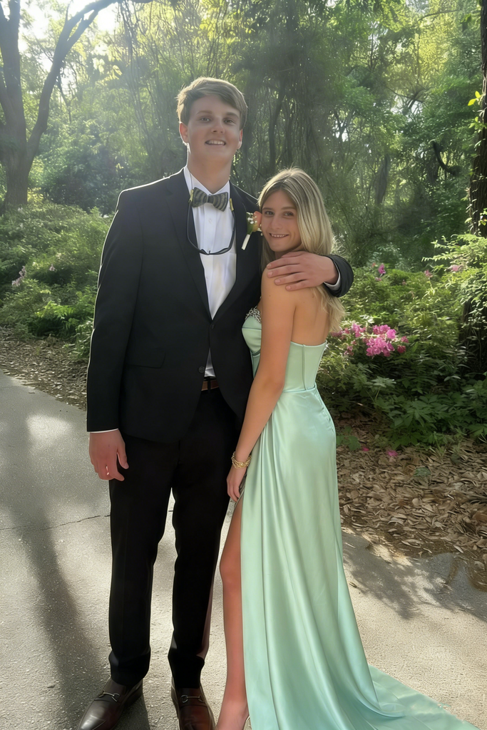 Modern Sage Green Satin Corset Prom Dress with Crystal Bodice and High Slit,OLP1885