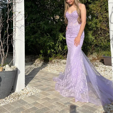 Elegant Spahetti Strap Lavender Applique Mermaid Long Prom Dress Ideas, Evening Party Dresses , OLP1237
