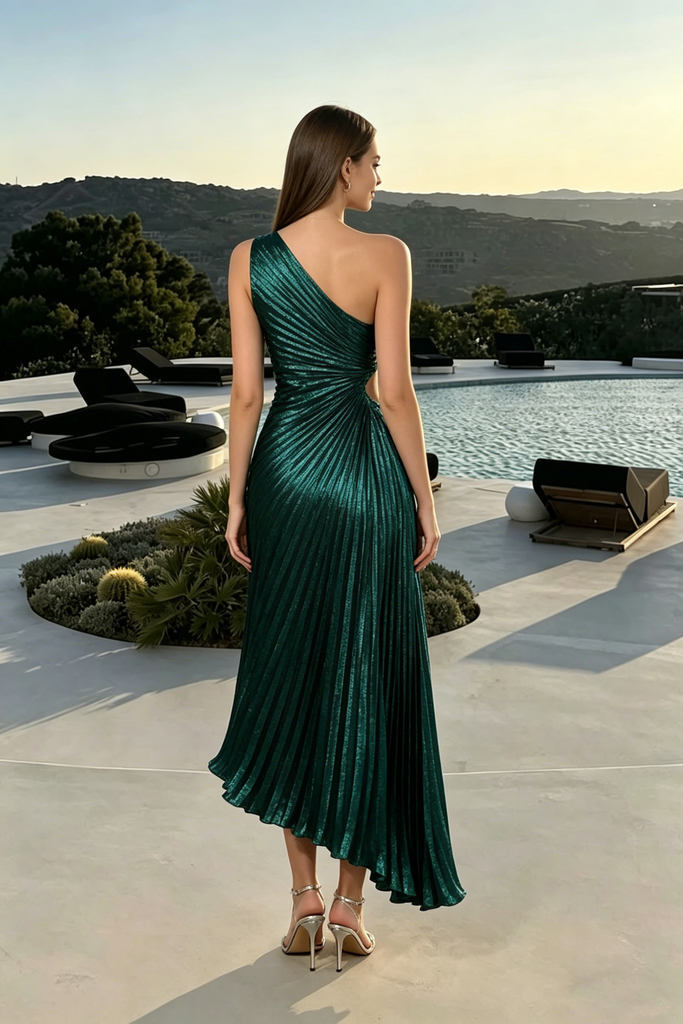 Modern Emerald Green One Shoulder Prom Dress with Pleated Cutout Detail,OLP2232