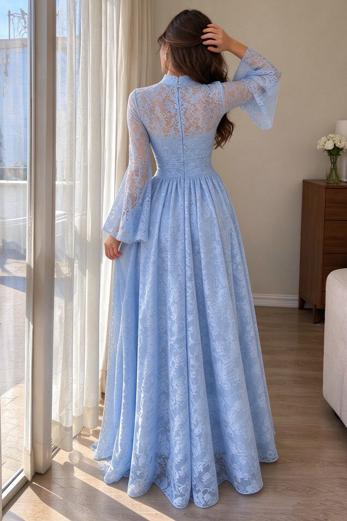 Pretty Light Blue Floral Lace Prom Dress Beautiful Bell Sleeve A-Line Long Formal Party Gown,OLP2443