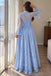 Pretty Light Blue Floral Lace Prom Dress Beautiful Bell Sleeve A-Line Long Formal Party Gown,OLP2443
