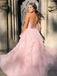 Fancy Pink V Neck Tulle Prom Dress with Shimmering Tiered A Line Skirt,OLP2035