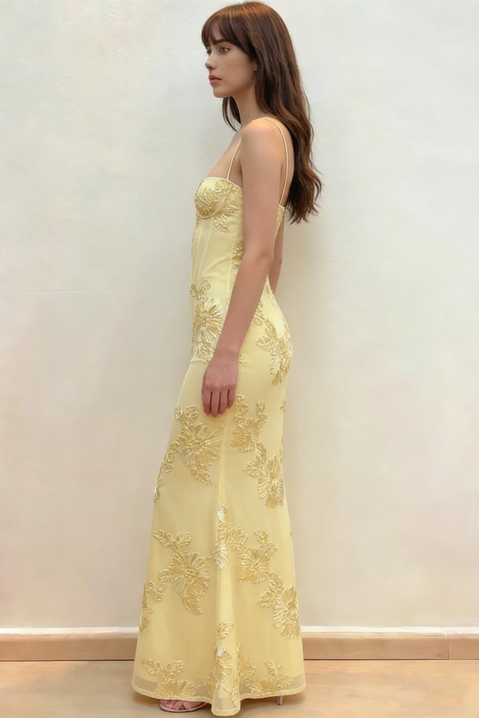Classy Yellow Floral Embroidered Prom Dress Spaghetti Strap Corset Back Maxi Party Gown,OLP1738