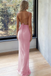 Elegant Light Pink Ruched Prom Dress Spaghetti Strap High Slit Mesh Party Gown,OLP2074