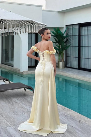Elegant Yellow Floral Off-Shoulder Mermaid Long Prom Dress Ideas, Evening Party Dresses , OLP1245