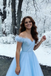 Dreamy Off Shoulder Light Blue Prom Dress Feather Sleeve Tulle A Line Formal Gown,OLP2154