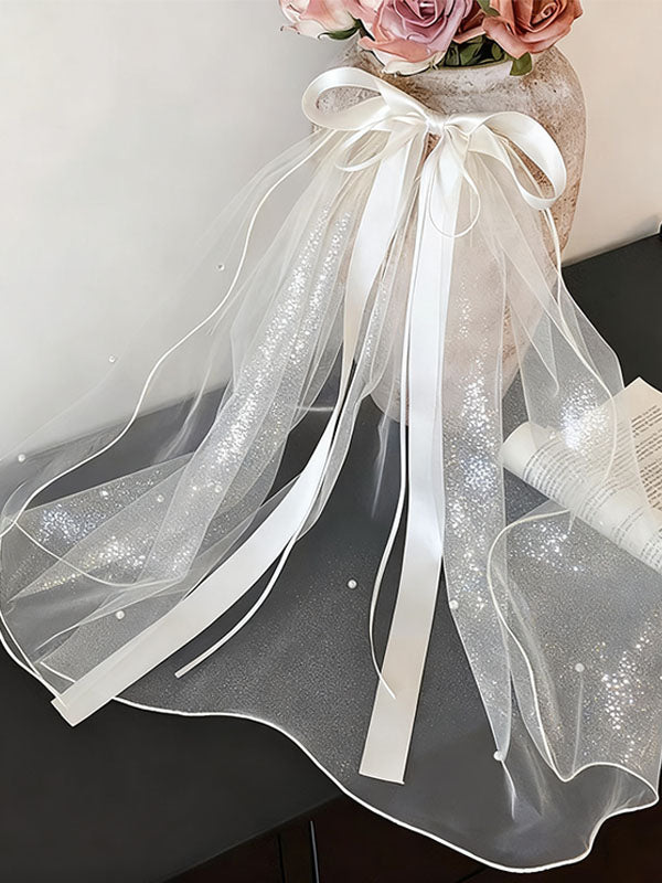 White Bow Flower Girl Veil – Soft Tulle Kids Wedding Headpiece