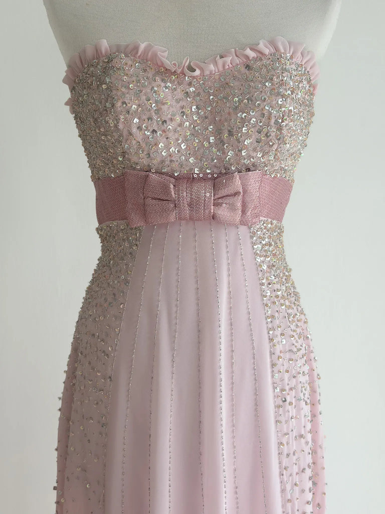 Pretty Pink Beaded Ball Gown Sweetheart Sleeveless Long Prom Dress Bow Belt,OLP2357