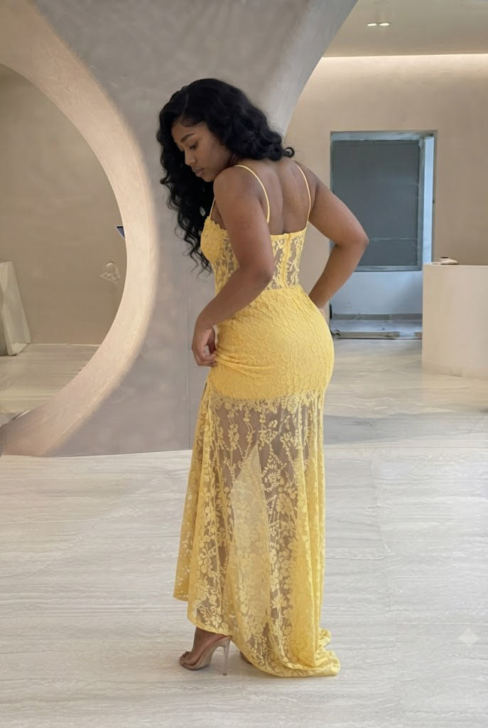 Stunning Yellow Floral Lace Sleeveless V-Neck Sheath High-Slit Prom Dress ,OLP2376