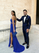 Sexy One Shoulder Royal Blue Prom Dress Lace Cutout High Slit Satin Column,OLP2148