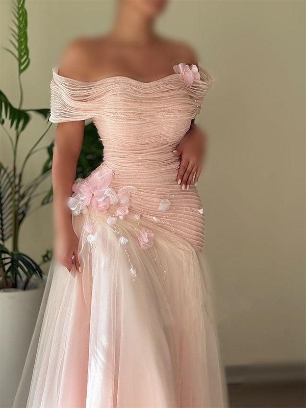 Elegant Pink Off-Shoulder A-Line Long Prom Dress Ideas, Evening Party Dresses, OLP1481