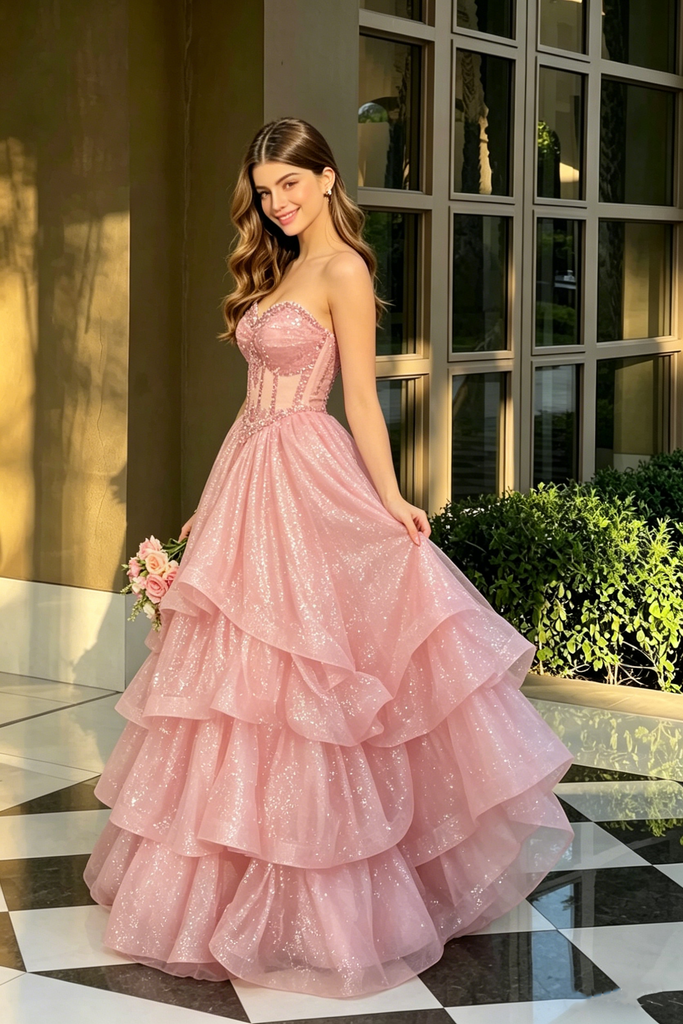 Beautiful Pink Sequin Tiered Ball Gown Strapless Tulle Princess Prom Dress,OLP2229