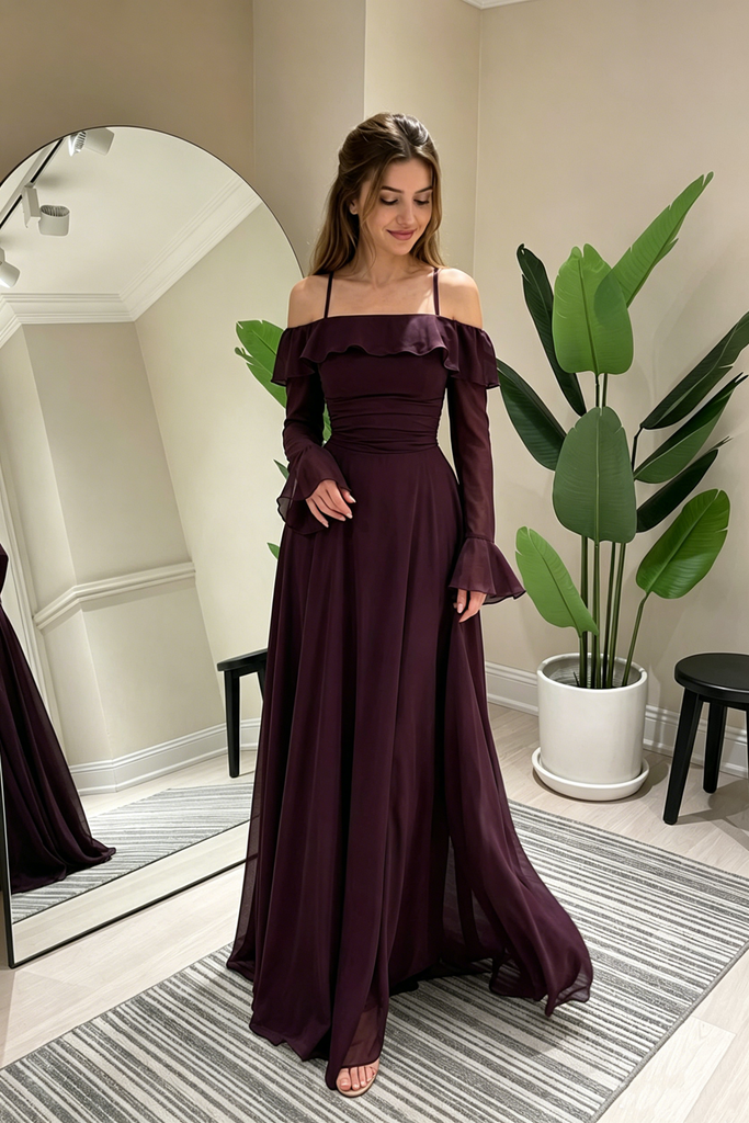 Beautiful Dark Purple Chiffon Prom Dress Off Shoulder Ruffle Sleeve Long,OLP2323