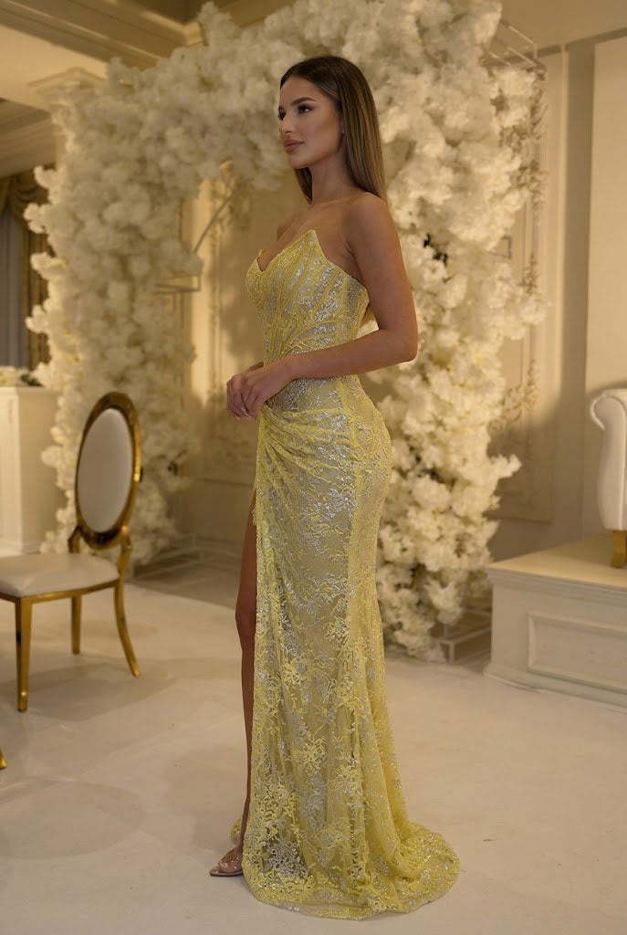 Sexy Yellow Lace High Slit Corset Gown Strapless Modern Formal Prom Dress,OLP2318