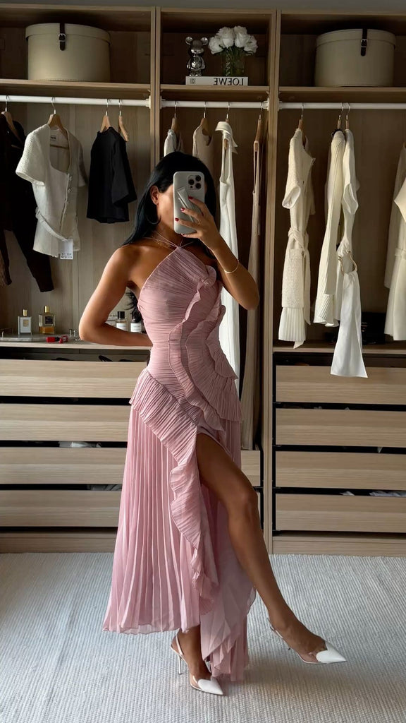 Unique Dusty Rose High Neck Pleated Prom Dress Asymmetrical Ruffle Evening Gown,OLP1819